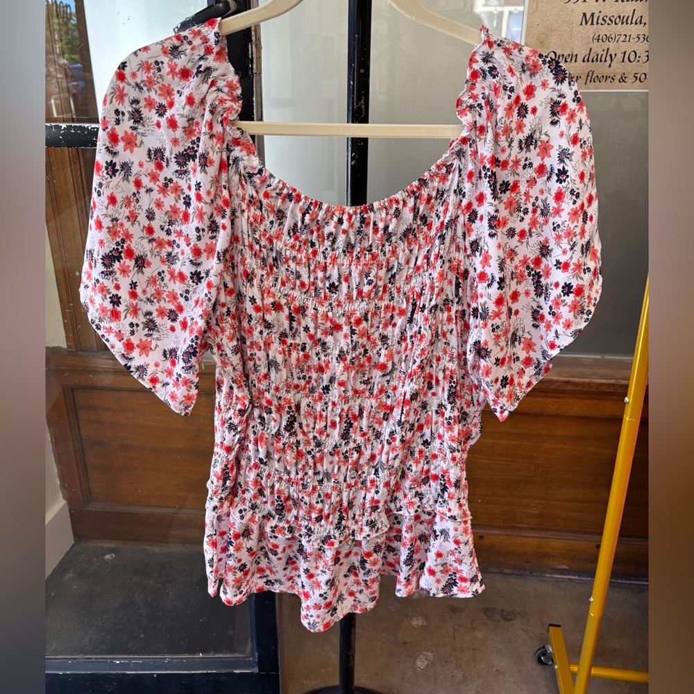Cato Smocked Ruffled Blouse in White and Red